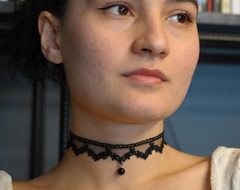 Collana Girocollo In Pizzo Nero Con Cristallo Goccia – Choker Gotico Vittoriano – Gioiello Donna