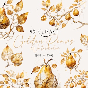 Clipart de peras de acuarela de oro/Clipart de frutas de acuarela/Hojas de esqueleto SVG/Clipart de follaje de oro/Clipart de pera de acuarela/Clipart de pera