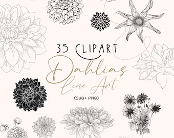 Clipart Dahlia/Clipart Dahlias ligne/SVG Dahlia/Clipart fleur/Fleur Line Art/Clipart floral/Clipart fleurs dessiné à la main/Fleur trait