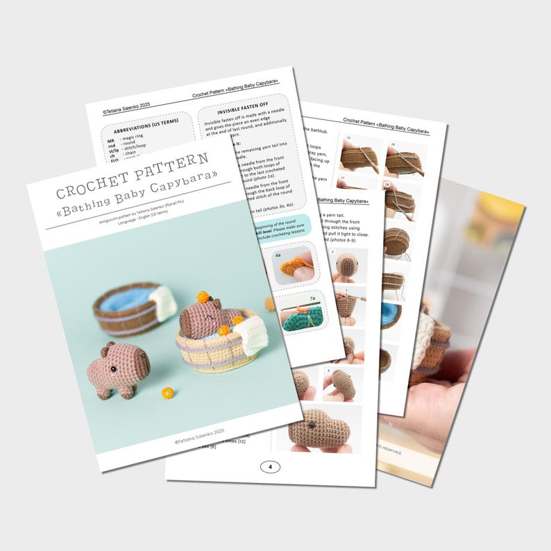 May include: Crochet pattern instructions for making a "Bathing Baby Capybara" amigurumi toy. The pattern includes instructions for crocheting the capybara, a bathtub, and a towel. The pattern is written in English.