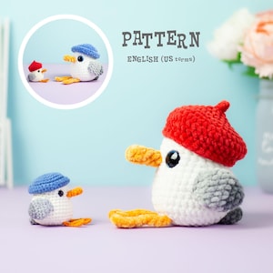 Crochet Seagull PATTERN: Low-Sew Amigurumi Bird with two Hats (PDF Pattern)
