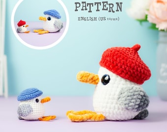 Crochet Seagull PATTERN: Low-Sew Amigurumi Bird with two Hats (PDF Pattern)