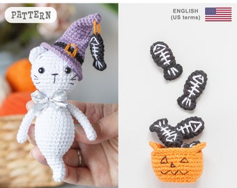 Amigurumi Halloween Ghost Cat PATTERN, crochet Boo ghost PDF tutorial, pumpkin basket and fish skeleton, DIGITAL instant download pattern