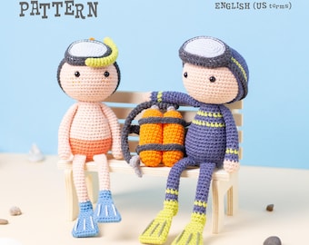 Crochet PATTERN SET 2-in-1: Scuba & Snorkel amigurumi Diver Doll (PDF Pattern)