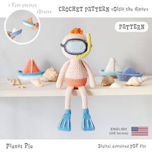 Amigurumi Ollie the diver PATTERN, crochet swimmer doll PDF tutorial, snorkeler toy DIGITAL instant download pattern for kids
