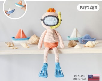 Amigurumi Ollie the diver PATTERN, crochet swimmer doll PDF tutorial, snorkeler toy DIGITAL instant download pattern for kids