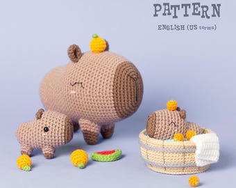 Crochet Capybara PATTERN SET: Amigurumi Family Capybara toy with bathtub (PDF)