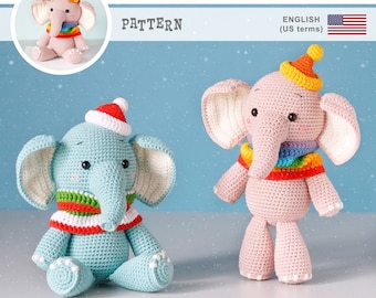 Crochet Elephant PATTERN, amigurumi elephant in clothes PDF pattern, crochet Christmas stuffed animal toy DIGITAL instant download tutorial