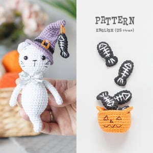 Halloween Geist Katze Häkelanleitung mit Kürbis Korb & Fisch Amigurumi Spielzeug (PDF-Häkelanleitung)