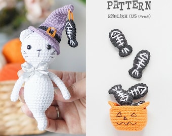Crochet Halloween Ghost Cat PATTERN with Pumpkin Basket & Fish Amigurumi toy (PDF Pattern)