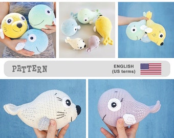 Amigurumi whale and seal PATTERN, crochet fish pattern, PDF tutorial, ocean fish toy DIGITAL instant download pattern