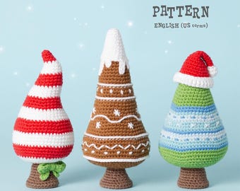 Crochet PATTERN SET of Christmas Trees: Candy Cane, Gingerbread, Santa's Hat, Amigurumi Decor (PDF)