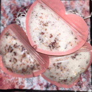 Bath salts with Himalayan salt, eucalyptus essential oil, and dried rose petals