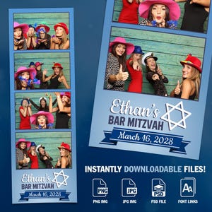 Op de afbeelding: Een blauwe en witte fotostrip sjabloon met een Davidster en de tekst "Ethan's Bar Mitzvah March 16, 2028". De sjabloon heeft zes fotovakken voor foto's.