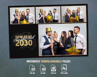 Plantilla de fotomatón de Nochevieja, fuegos artificiales de NYE, fuente Gold Sparkle, 4 fotos, superposición 4x6, texto editable