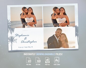 May include: A wedding photo collage with three images of a couple. The couple is dressed in formal attire and is smiling. The text "Stephanie & Christopher" is written in blue text on a white background. The date "8.30.25" and location "Cape May, NJ" are written below the names. The text "INSTANTLY DOWNLOADABLE FILES!" is written in blue text on a white background. Below the text are four icons representing the downloadable files: PNG, JPG, PSD, and FONT LINKS.