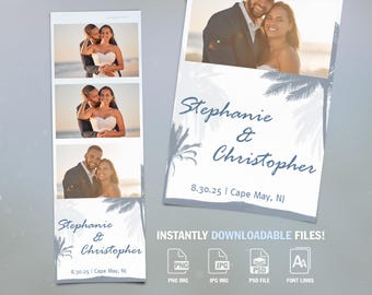 Wedding Photo Booth Template, Beach Wedding, Palm Trees, 2x6 Background, 3 Photo, Editable Text