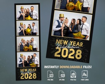 Plantilla de fotomatón de Nochevieja, fuegos artificiales de NYE, fuente Gold Sparkle, 4 fotos, superposición de 2x6, texto editable