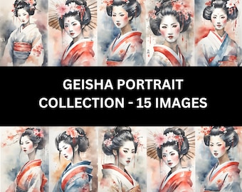 Puede incluir: Una colección de 15 acuarelas que representan retratos de geishas. Las geishas están representadas con ropa tradicional japonesa, con peinados y maquillaje intrincados. Las pinturas están sobre un fondo de colores suaves y apagados.