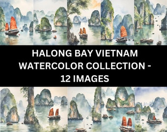 Halong Bay Vietnam Collection, Set of 10 Prints, Halong Bay Wall Art, Digital Download, Digital Printable Wall Art, AI Generated Watercolor