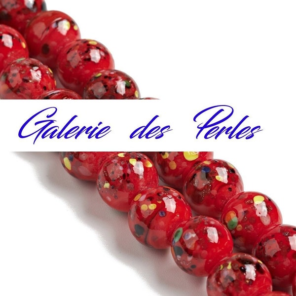 Perles en Verre MURANO ROUGE 10mm motifs peints en lot perles rondes : création bijoux bracelet collier bague boucle oreilles, macramé