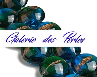 Glazed beads BLUE / GREEN Gold Sand 20mm in a set of flat round beads: for making jewelry, bracelets, necklaces, earrings, macrame