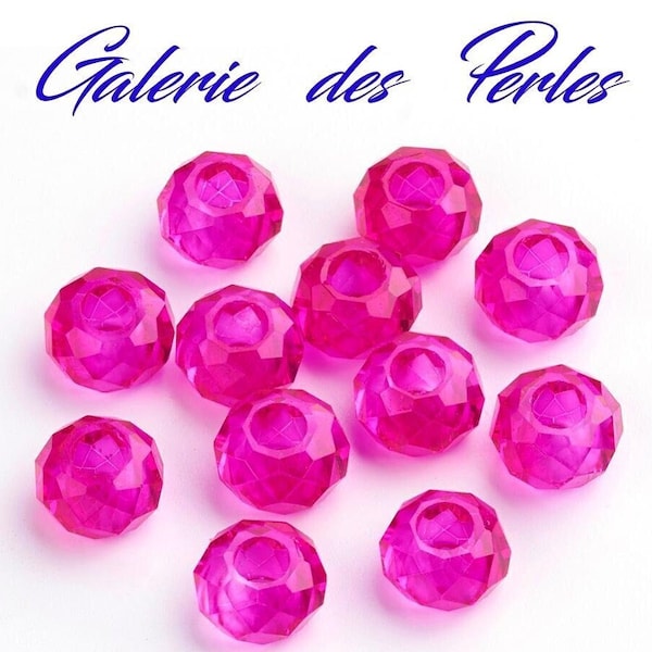 Perles en Verre FUCHSIA 14mm à Gros Trous en lot de perles rondelles à facettes : création bijoux bracelet collier boucle oreilles, macramé