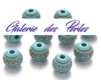 TURQUOISE Wooden Beads 10mm in a set of engraved round beads: creation of jewelry bracelet necklace ring earring macramé