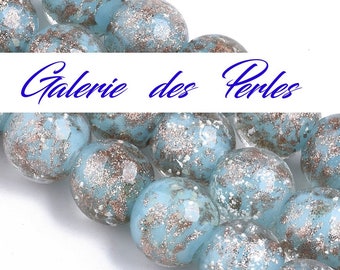 Turquoise and gold sand glazed beads, 12mm, in a set of luminous round beads: for creating jewelry, bracelets, necklaces, earrings, and macrame