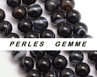 AGATE Noire  12mm gemme perle fine ronde naturelle  : pour création bijoux bracelet collier bague boucle oreilles, macramé