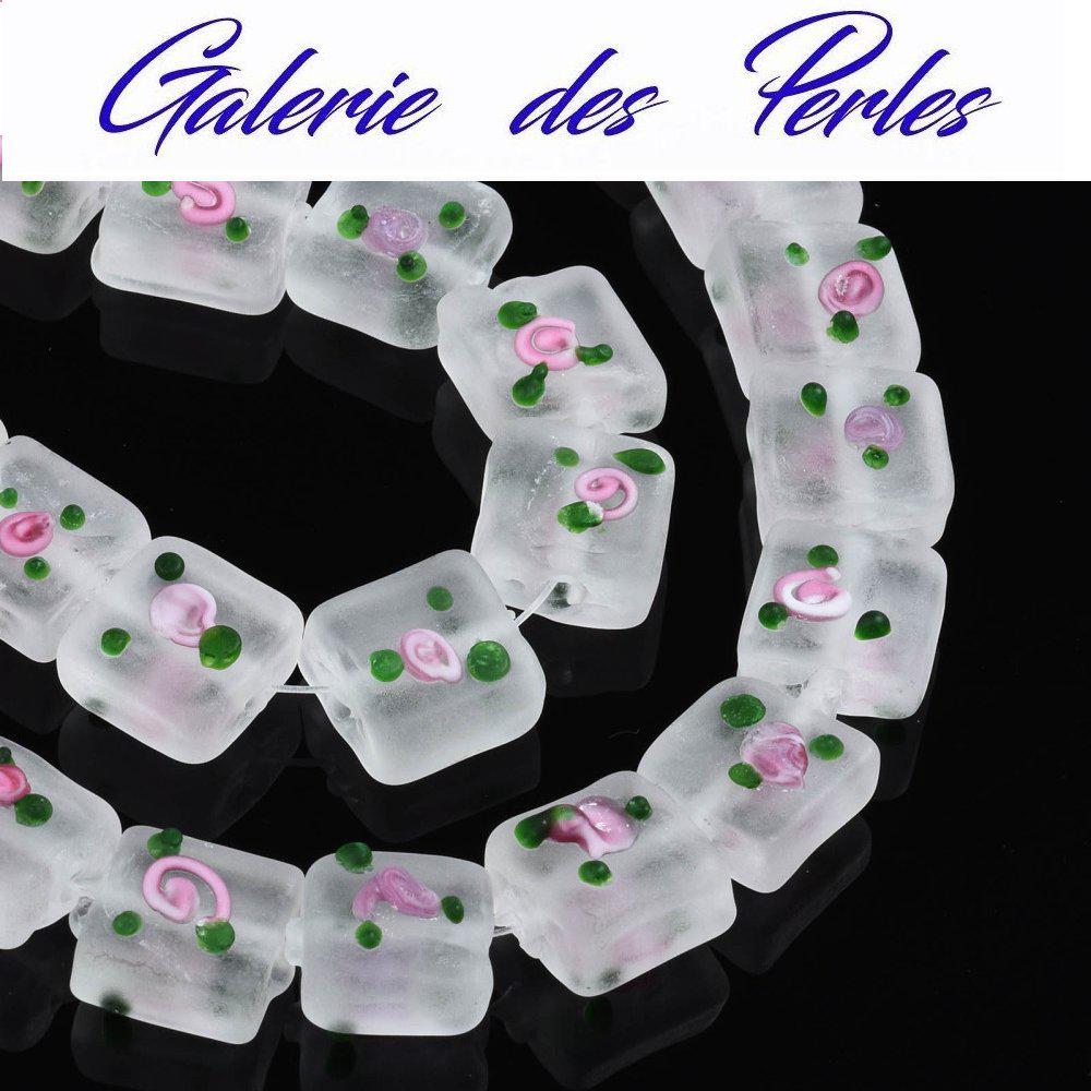 Frosted Matte MURANO Glass Beads in 14x13mm with painted patterns in a set of square beads: creation of jewelry, bracelet, macrame necklace