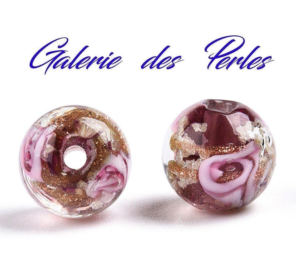 8mm MURANO GARNET glass beads with painted patterns and golden sand in a set of round beads: creation of jewelry, bracelet, macrame necklace