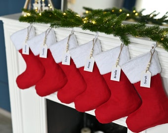 Personalized Family Farmhouse Holiday Stocking Decor in Red Linen