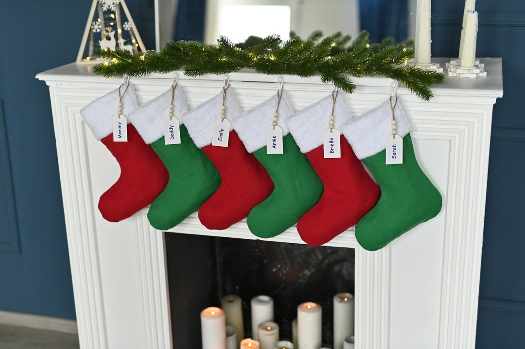 Linen Christmas Stocking Flora Embroidered Cuff - Chocolate and Green Arcadia Home main image 0