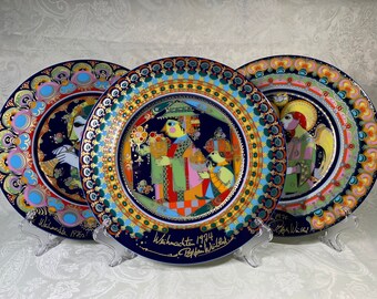 Rosenthal Weihnachtsteller BJÖRN WIINBLAD, Sammelteller, Heilige Drei Könige, 1974 Balthasar, 1975 Verkündigung, 1976 Engel mit Trompete