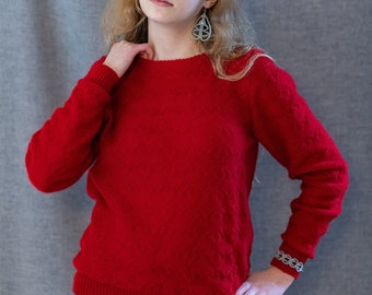 Sweater Red hearts - size 10 12 14 16 18 20 22 UK - 36 38 40 42 44 46 48 EU - 6 8 10 12 14 16 18 US - Angora wool & acrylic - Handmade