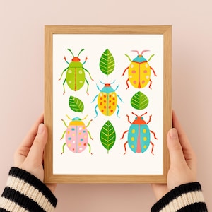 Impresión artística de escarabajos coloridos: arte de pared de insectos caprichosos para la habitación o guardería de los niños | Tamaños A3 A4