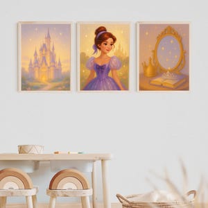 Descarga digital - Juego de 3 cuadros de princesas - Arte de cuento de hadas mágico para habitación de niñas | Decoración imprimible para habitación infantil (tamaño A4/A3) - Descarga instantánea
