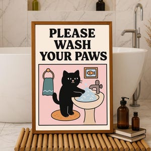 Please Wash Your Paws – Funny Cat Bathroom Print | A4 A3 Posters | Cute Animal Wall Art | Pet Humor | Kids Room Decor | Kitty illustration