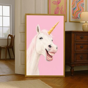 Funny Unicorn Poster – Smiling Unicorn Wall Art in Pink | A4 & A3 Art Print | Whimsical Animal Illustration