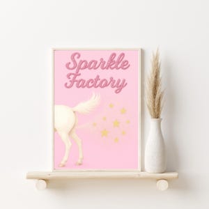 Póster de unicornio de Sparkle Factory: divertido arte de pared rosa con estrellas brillantes | Impresiones artísticas A4 y A3 | Decoración caprichosa