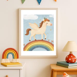 Descarga digital - Habitación infantil Pony Arcoíris - Arte infantil para guardería | Pegaso | Ilustración de animales en colores pastel (A3/A4) imprimible - Descarga instantánea