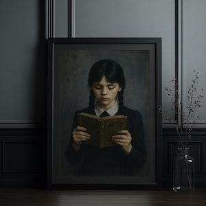 Gothic Girl Reading Art Print – Dark Academia Poster with Braids and Vintage Book – A4/A3 Fine Art Wall Decor