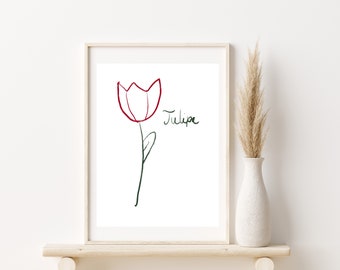 Stampa artistica di fiori di tulipano A4, fatta a mano, minimalista, scandinava