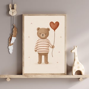 Orsetto con palloncino a forma di cuore – Decorazione murale per la cameretta dei bambini | Grazioso poster di orsacchiotto per la cameretta dei bambini | Decorazione scandinava neutra per bambini A4 A3