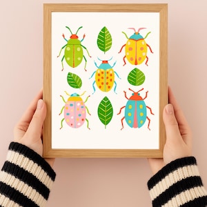 Descarga digital - Arte de escarabajos coloridos - Arte de pared de insectos caprichosos para la habitación infantil | Imprimible A3 A4 - Descarga instantánea