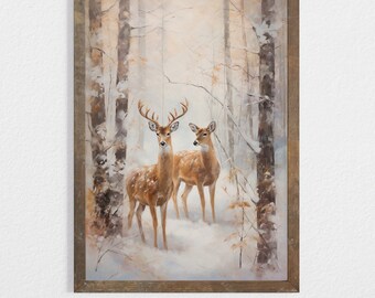 Cottagecore Winter Wall Decor Rustic Forest Printable Art Vintage Deers in Nature Snowy Trees Christmas Holiday Painting Farmhouse Print 367