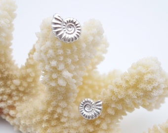 Ammonite earrings | handmade sterling silver 925 fossil studs | jurassic seashell jewellery | ocean theme |