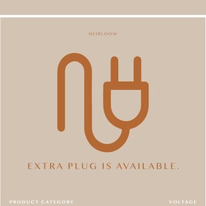 Op de afbeelding: Een bruine wandlamp met een stekkerkabel. De lamp is gemaakt van plastic en heeft een snoerlengte van 150 cm. De tekst "EXTRA PLUG IS AVAILABLE." wordt onder de lamp weergegeven.