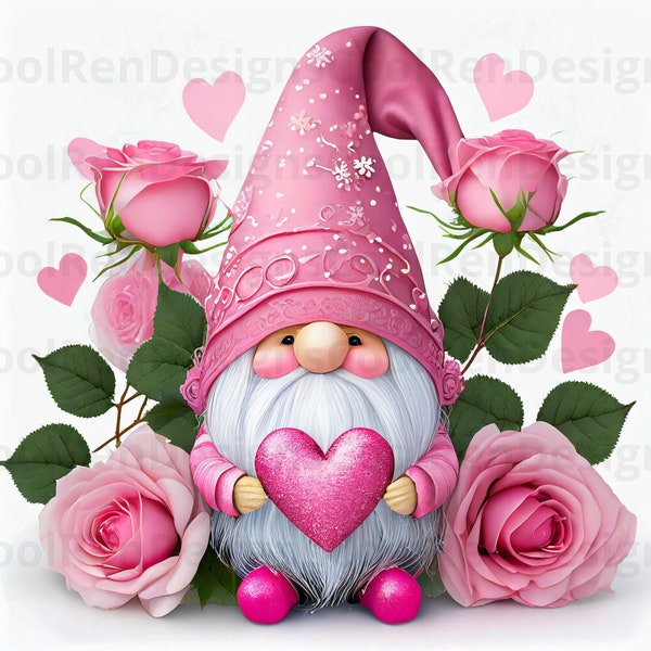Valentine Gnome Clipart PNG Valentines Day Cute Pink Gnome Roses Heart Valentines PNG Valentine Sublimation Design Digital Download